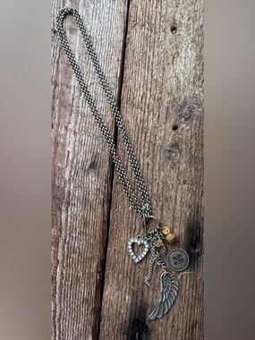 Silver Multi-Chain Heart & Charm Necklace with Golden Accent